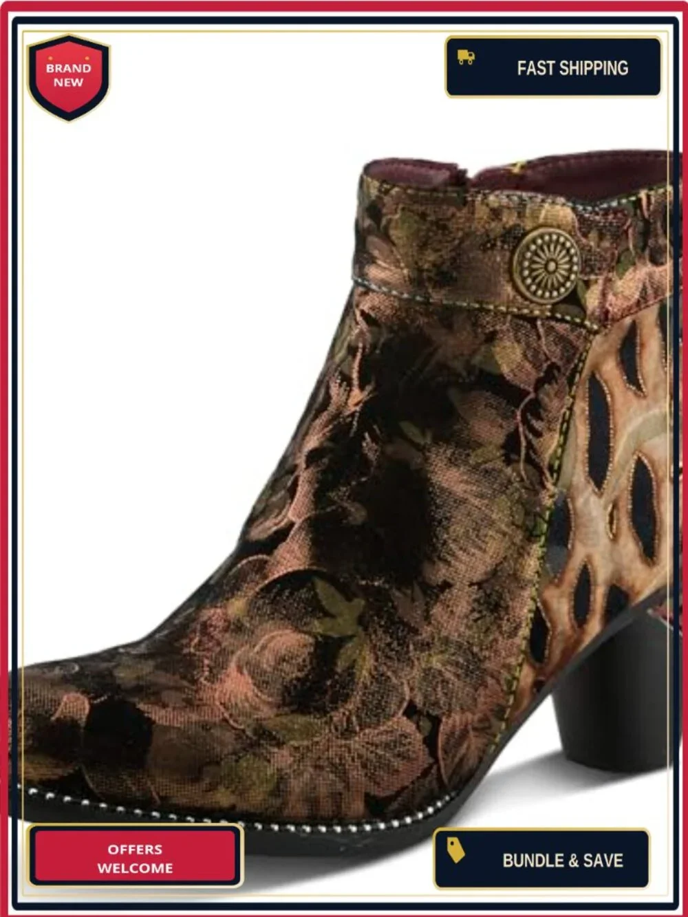 Faux Suede Ankle Booties Floral Velvet Block Heel Side Zip